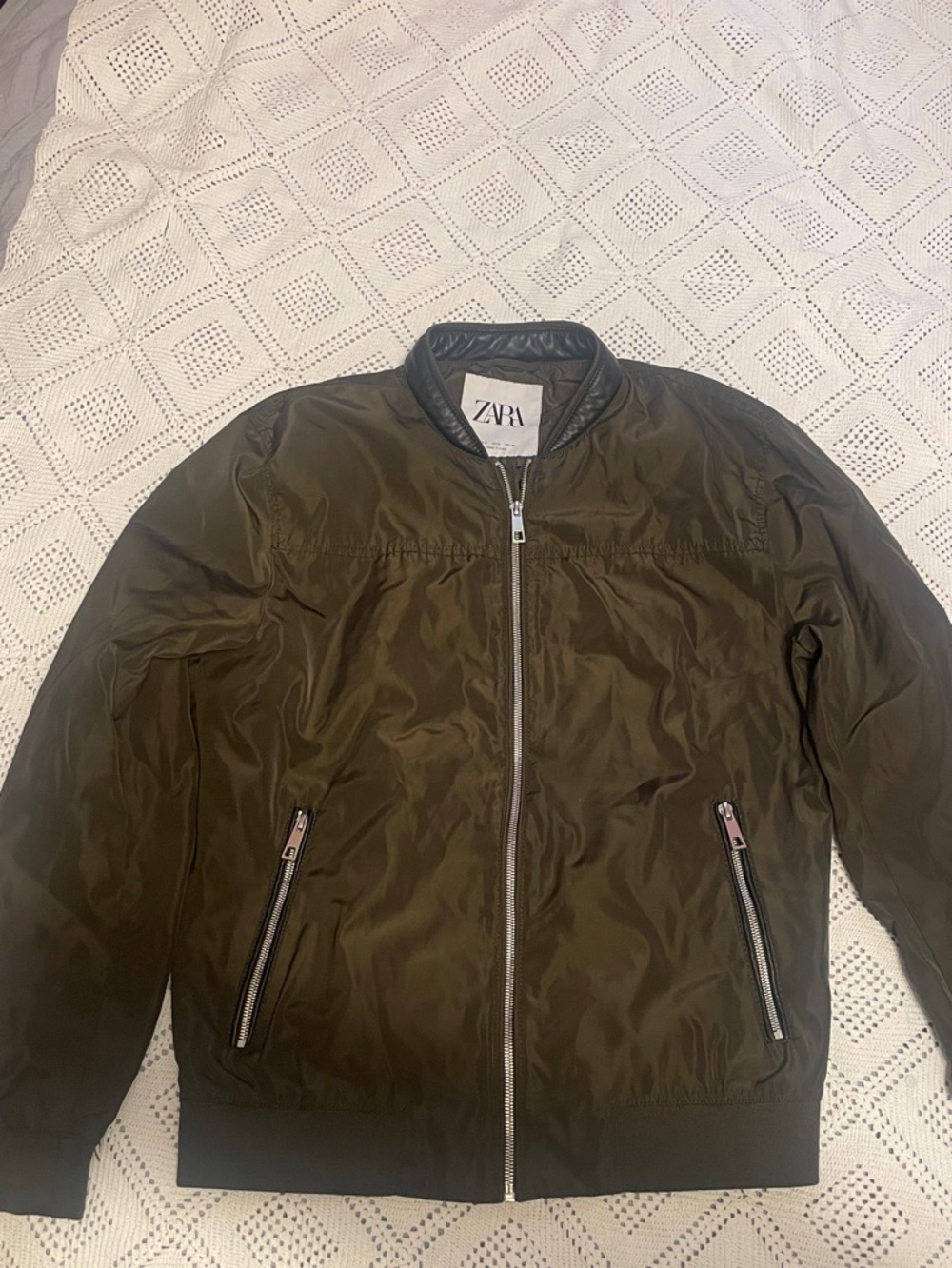 Zara Olive Green Bomber Jacket with Black Trim
